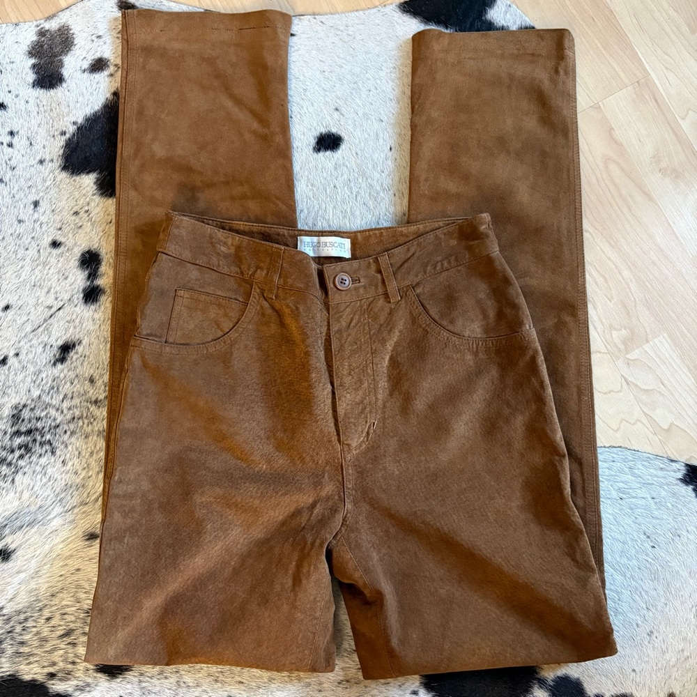 HUGO BUSCATI 100% Suede Leather‎ Brown Straight Leg Pants Slit Size 4 Western